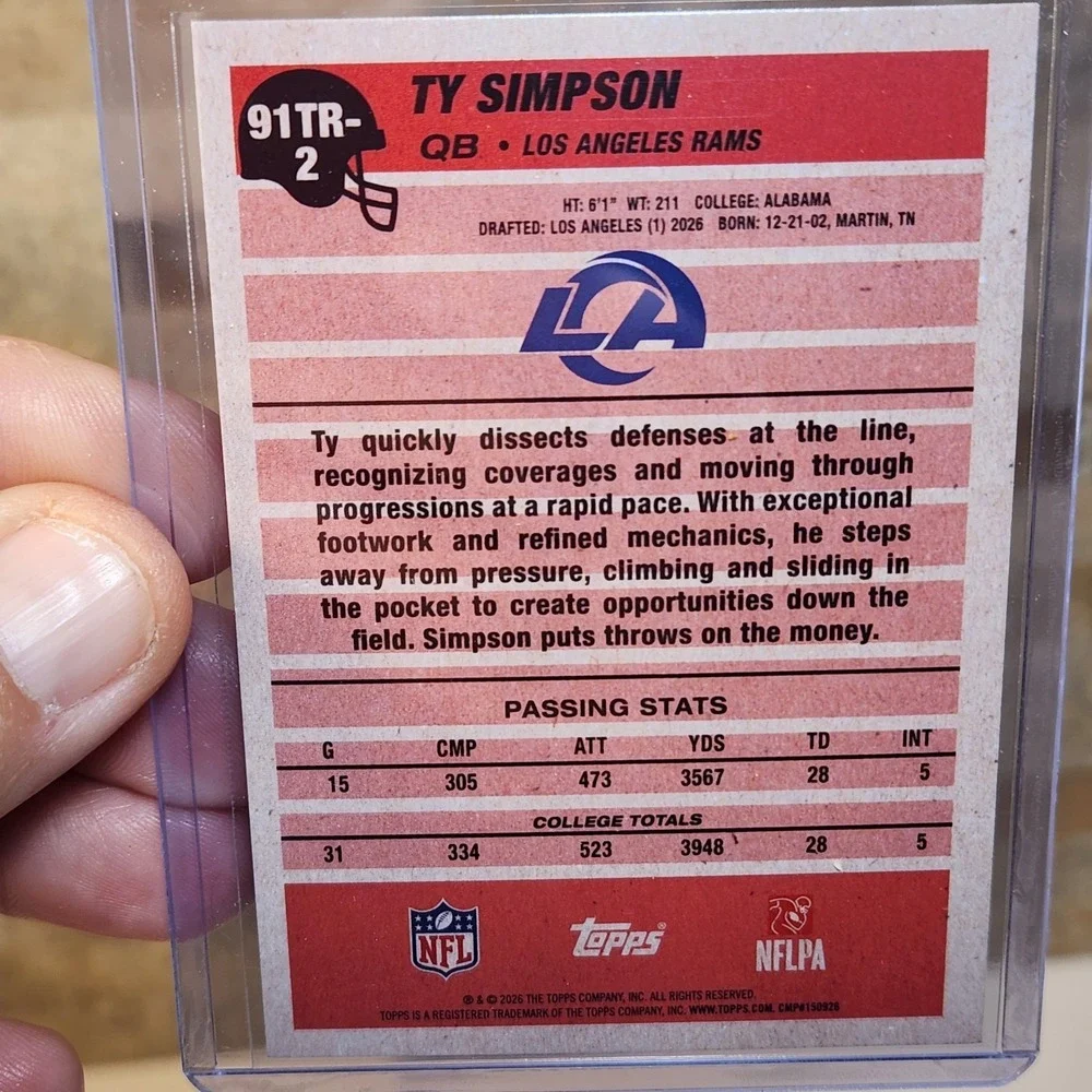2026 Topps NFL Ty Simpson Green Rc /99 and Base LA Rams Flagship